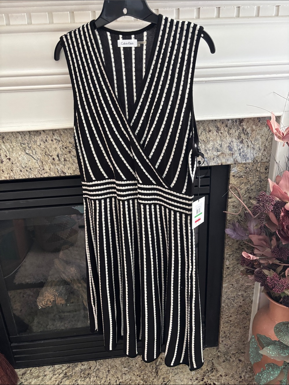 Calvin Klein Black and White Sleeveless Wrap-Style Midi Dress
